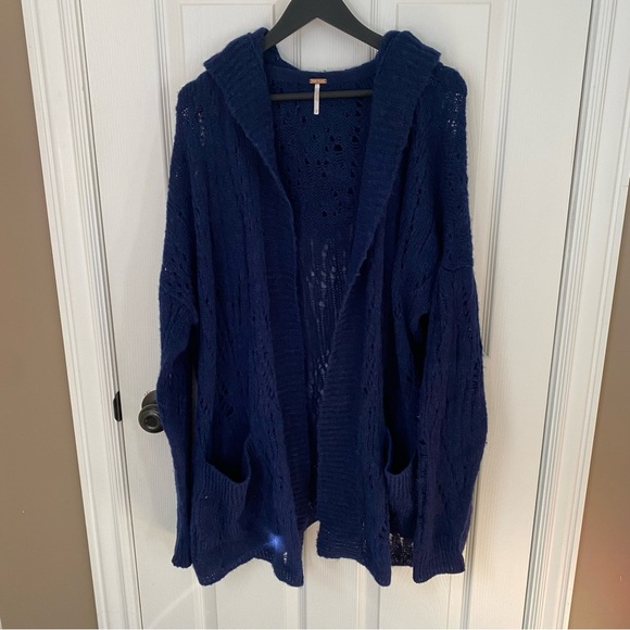 Free People Lemon Drop Alpaca Hooded Oversized Deep Blue Cardigan Small - Picture 4 of 13